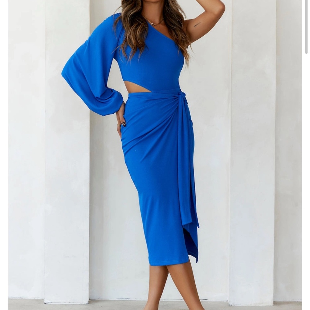 Hello Molly Vibrant Blue One-Shoulder Midi Dress